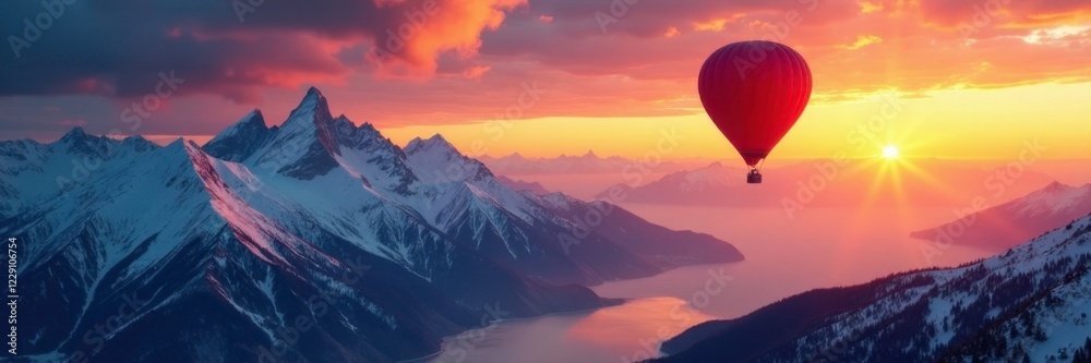 Sunset over snow-capped mountains as hot air balloon glides through, clouds, serene