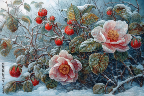Wallpaper Mural Pink roses, snow and frost, illustration, watercolor style, Generative AI Torontodigital.ca