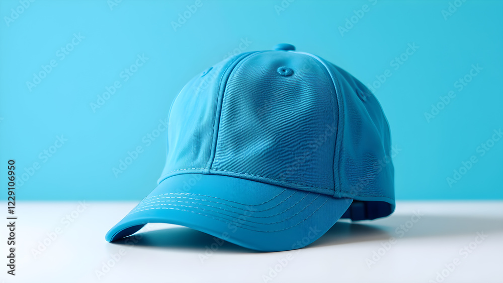 Fototapeta premium Stylish blue baseball cap on white background, space for text. generative AI