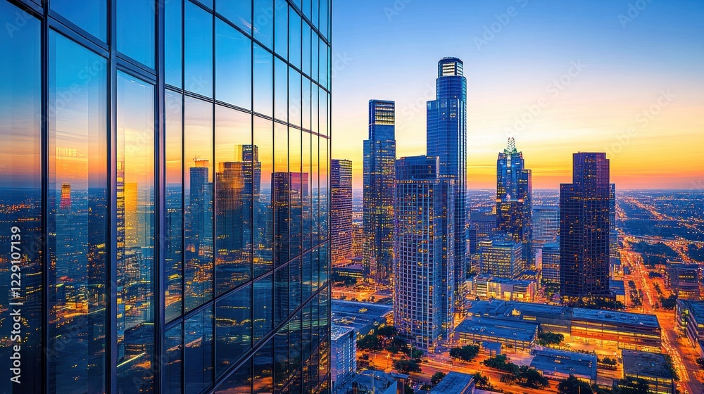 Obraz premium Cityscape at sunset, reflecting in modern skyscraper windows.