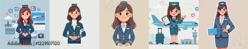 vector set of beautiful flight attendant characters