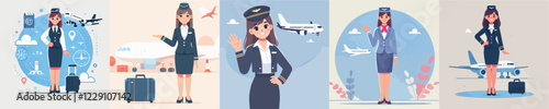 vector set of beautiful flight attendant characters