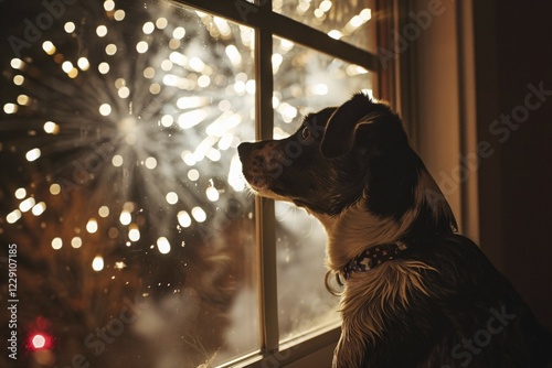 Dog looking out of window at fireworks in night sky. Generative AI, AI generated