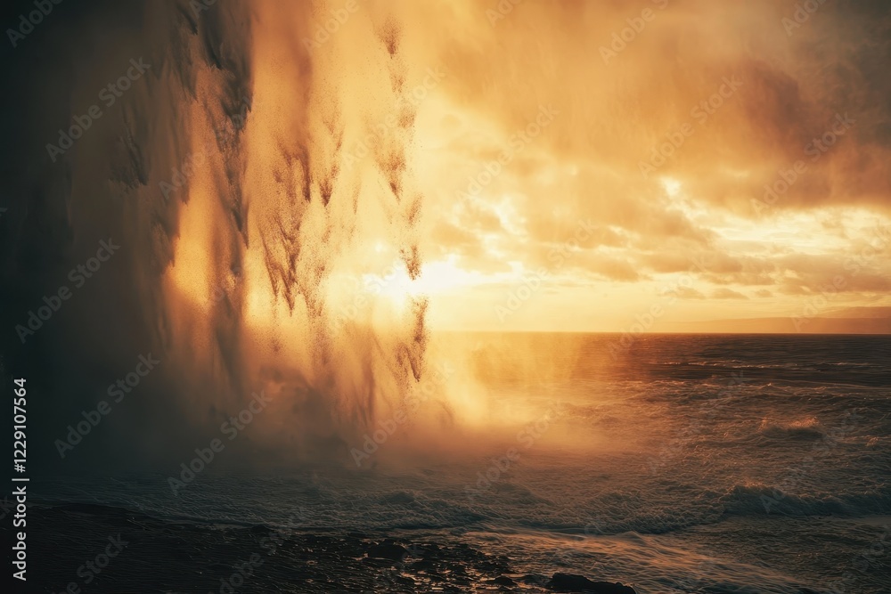 Fototapeta premium Majestic Seljalandsfoss waterfall illuminated by sunset in Iceland, Seljalandsfoss waterfall at sunset, Iceland