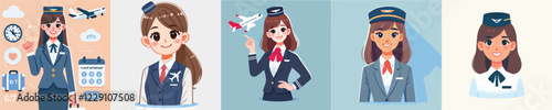 vector set of beautiful flight attendant characters