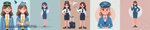 vector set of beautiful flight attendant characters