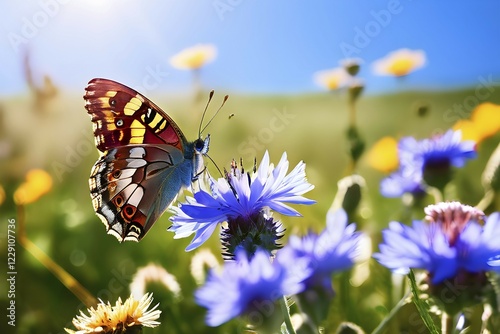 Admiral butterfly sitting in a blooming garden expressing summer wildlife, AI generated photo