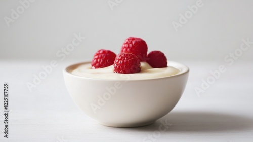 A minimalist bowl of plain vanilla yogurt topped with a few fresh raspberries and a light drizzle of honey, served in a simple white ceramic bowl, Vanilla yogurt centered