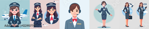 vector set of beautiful flight attendant characters