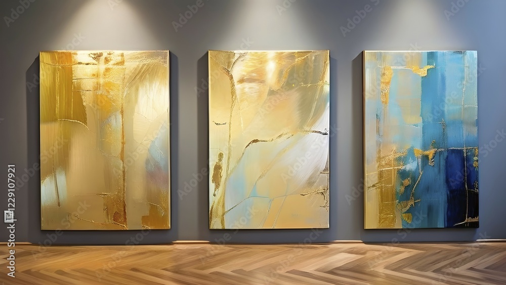 Fototapeta premium Trio of abstract hand painted oil paintings with vibrant color lines for wall decoration, AI generated