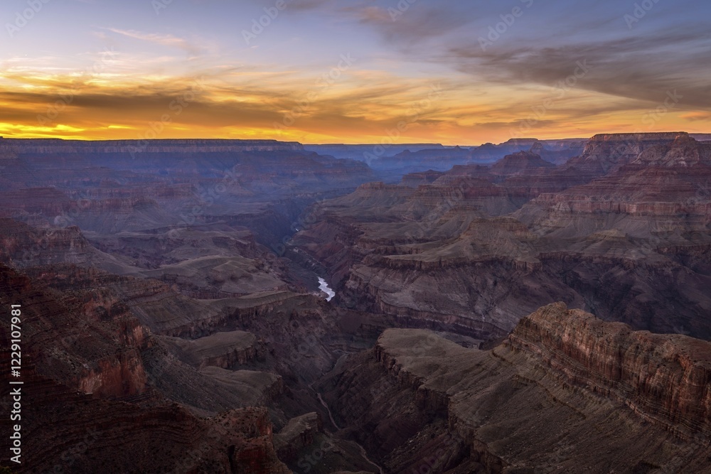Canyon landscape, gorge of the Grand Canyon at sunset, Colorado River, view from Lipan Point, eroded rock landscape, South Rim, Grand Canyon National Park, Arizona, USA, North America Canyon landscape, gorge of the Grand Canyon at sunset, Colorado River, view from Lipan Point, eroded rock landscape, South Rim, Grand Canyon National Park, Arizona, USA, North America