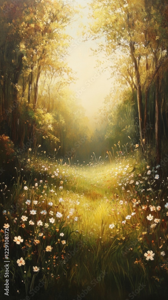 Fototapeta premium Sunlit Forest Path: A Serene Meadow Landscape Painting