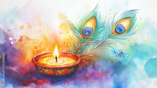Celebrating Thaipusam with Watercolor Art Featuring Traditional Diya Lights and Graceful Peacock Feathers