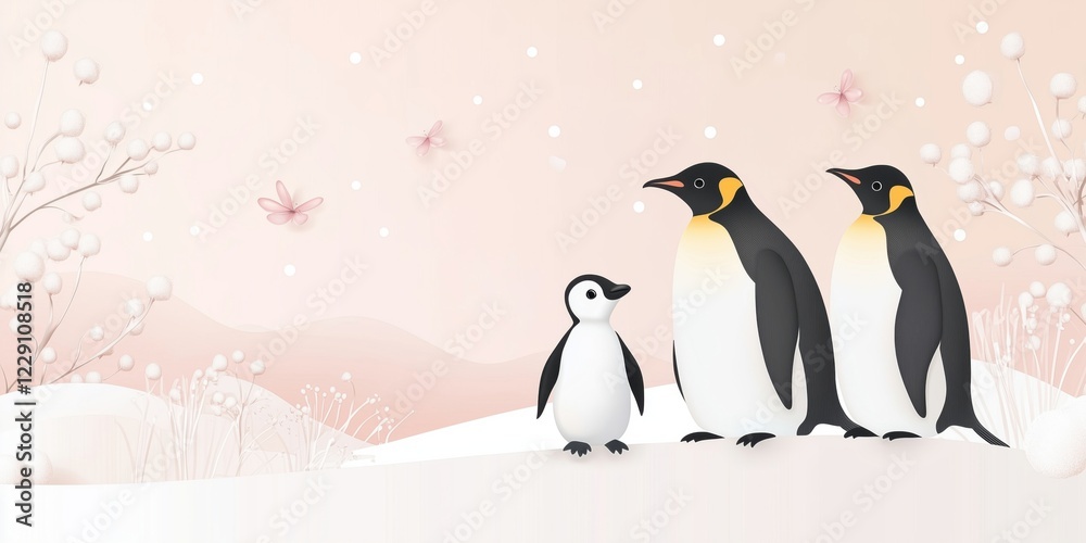 Fototapeta premium Penguins Family in Soft Pastel Landscape with Snowflakes and Flowers, Cute Baby Penguin with Parents, Winter Scene