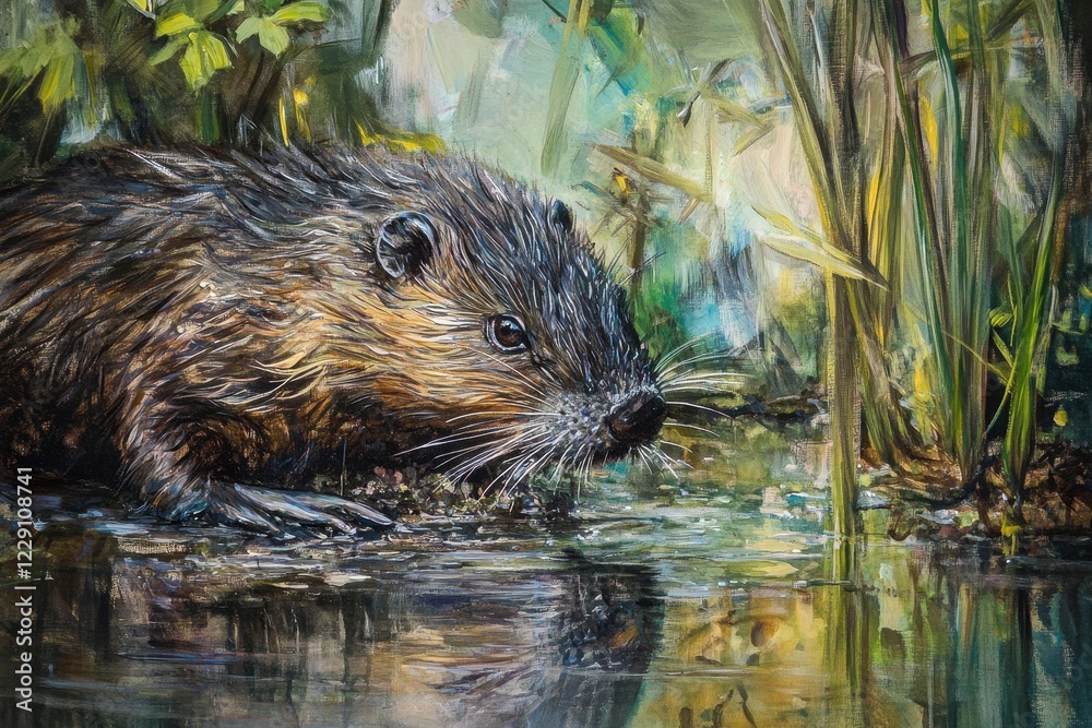Nutria coypu sniffing near the water's edge in a lush environment during daytime, Nutria coypu sniffing Nutria coypu sniffing near the water's edge in a lush environment during daytime, Nutria coypu sniffing