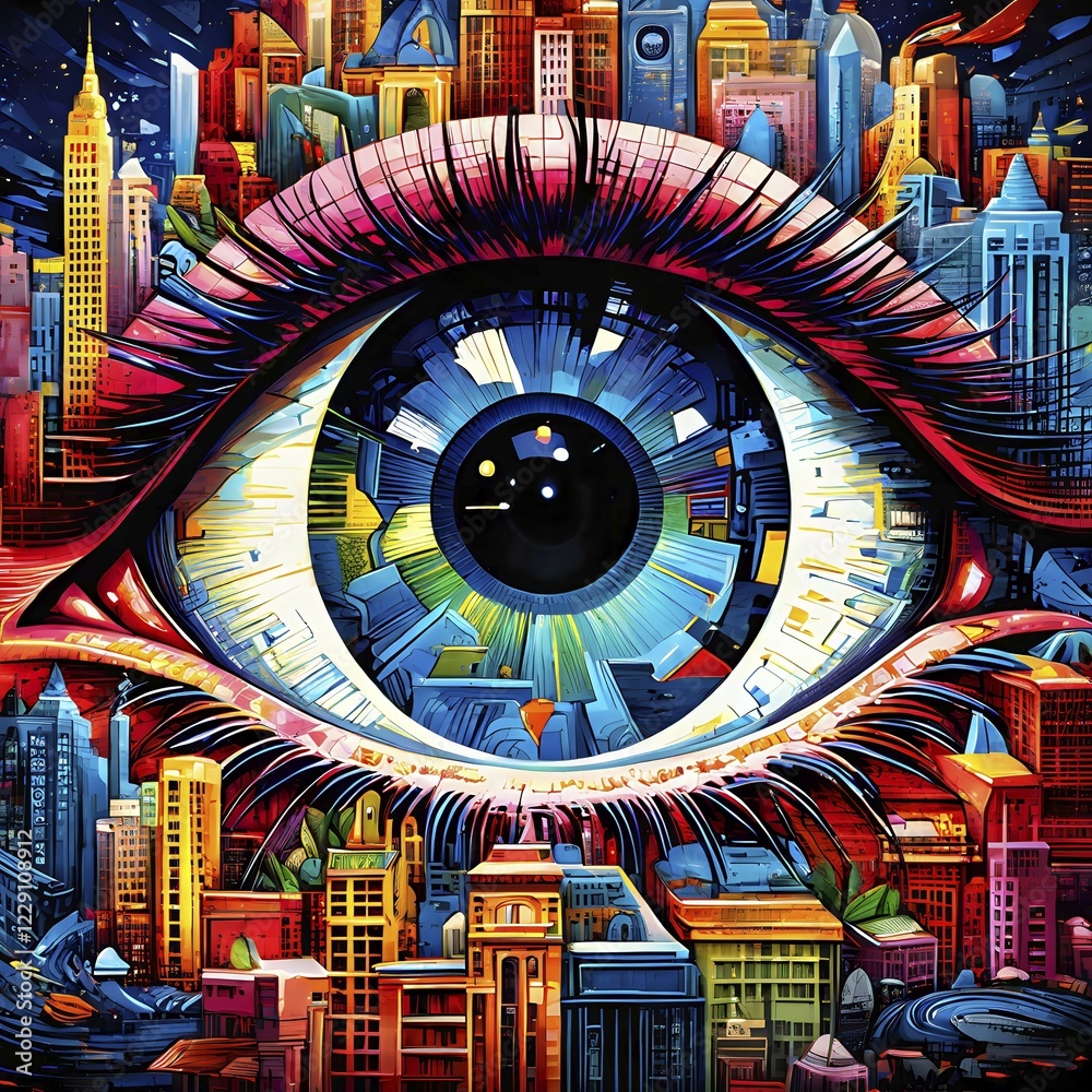 Fototapeta premium Illustration mosaic collage of an abstract detailed eye morphing into urban cityscape, AI generated