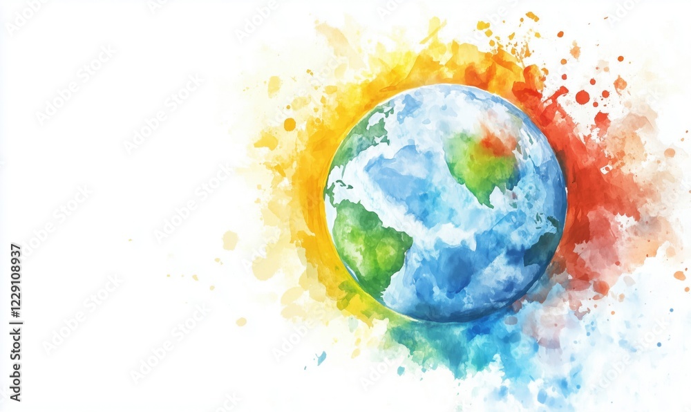 Naklejka premium Colorful watercolor illustration of Earth surrounded by vibrant splashes of color representing nature and life