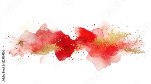 A vibrant abstract watercolor splash in red and gold tones on a white background.