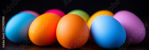Brightly colored eggs arranged on a dark background, showcasing vibrant hues and textures, evoking festive cheer.