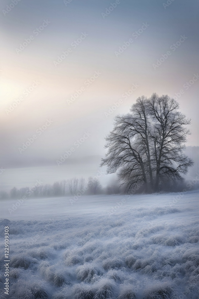 Bare tree covered in frost, isolated against a foggy, white winter landscape, AI generated Bare tree covered in frost, isolated against a foggy, white winter landscape, AI generated