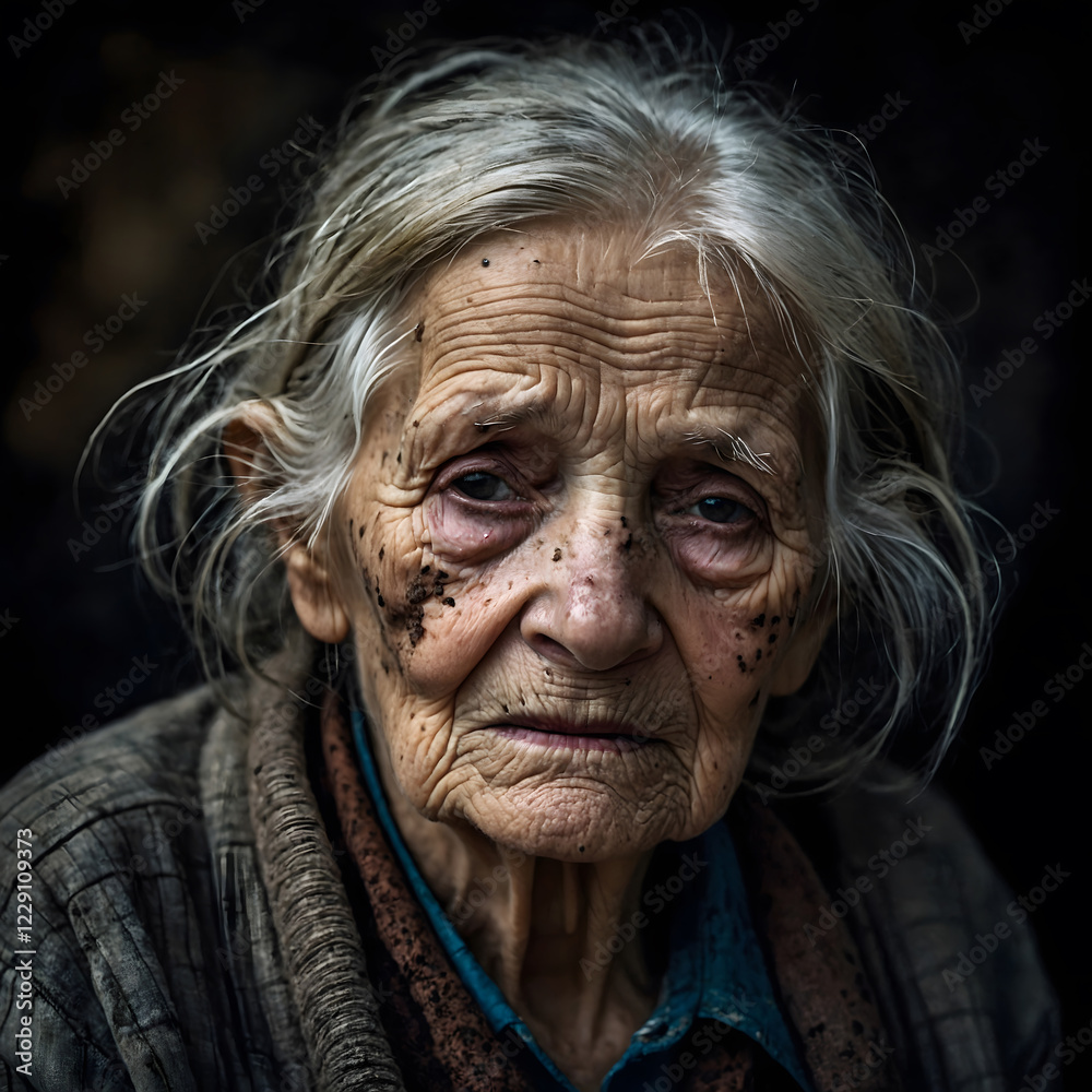 Portrait of a weathered elderly woman with deep-set eyes and delicate features in a dimly lit setting Portrait of a weathered elderly woman with deep-set eyes and delicate features in a dimly lit setting