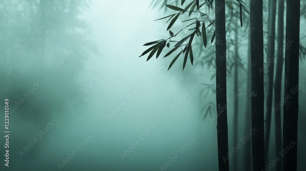 Obraz premium Tranquil rainforest dawn dew mist towering trees soft light