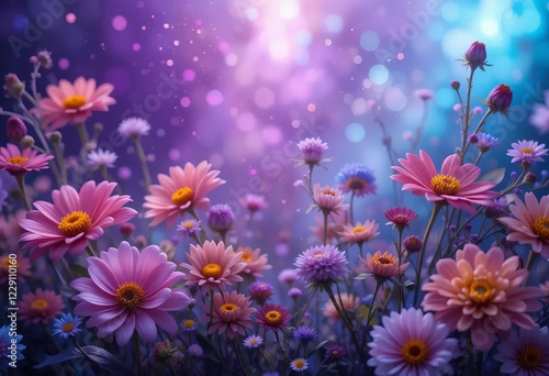 A close-up photo of colorful flowers with a purple background