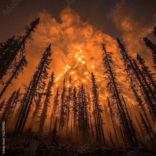 Striking phenomenon of St Elmos fire lighting up tall trees during a storm photo