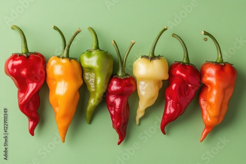 Fresh peppers arranged on a green background, perfect for culinary or food-related images photo