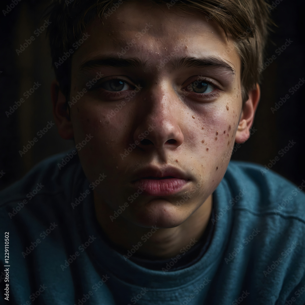 Portrait of a teenage boy with freckles and a serious expression, captured indoors in low light Portrait of a teenage boy with freckles and a serious expression, captured indoors in low light