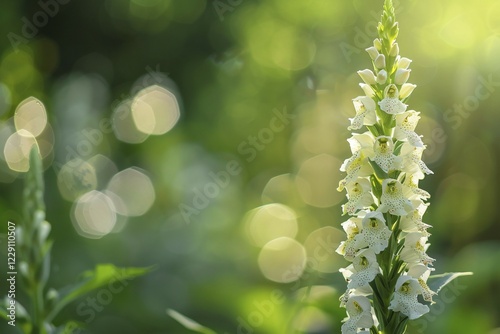 White Digitalis flower with blurry green nature background. KI generiert, generiert, AI generated photo