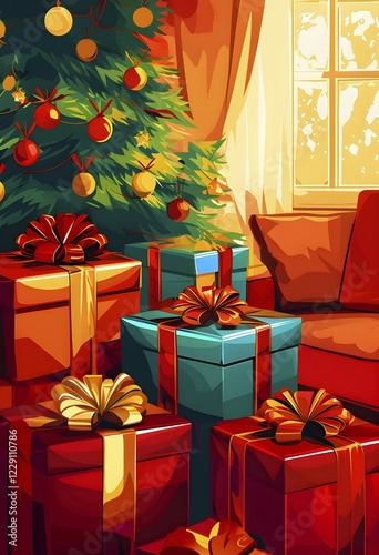Abstract illustration of wrapped Christmas gifts, shiny ribbons and bows, stacked under a evergreen tree in a cozy living room, AI generated