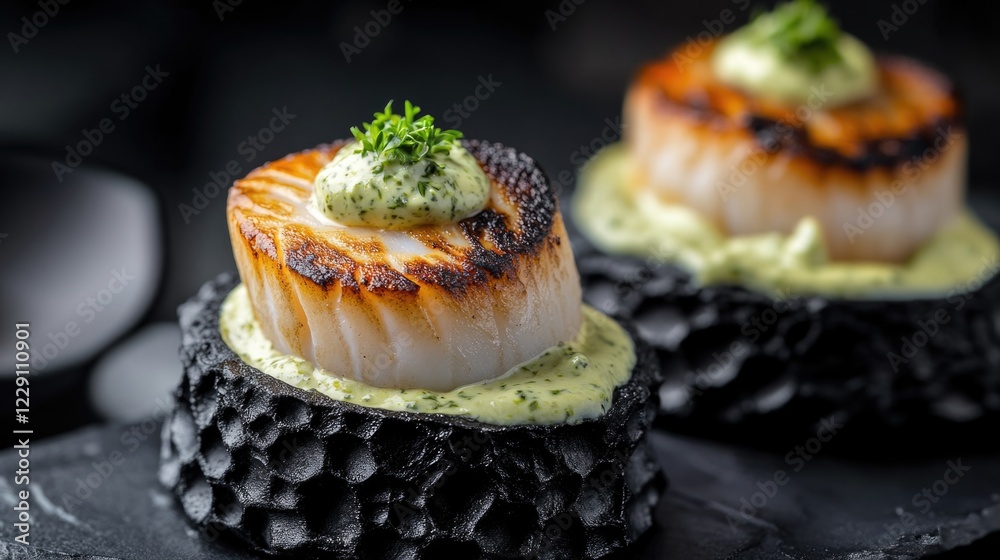 Fresh seafood dish with scallops sitting on a dark plate, ideal for food or kitchen photography Fresh seafood dish with scallops sitting on a dark plate, ideal for food or kitchen photography