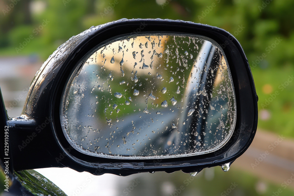 car side mirror covered in water droplets, reflecting greenery and light. image captures serene moment of nature interacting with vehicle