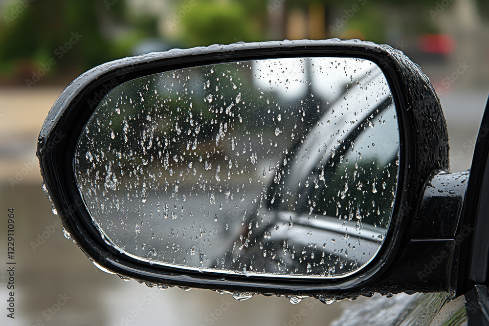 car side mirror reflecting raindrops, creating serene and calm atmosphere. water droplets enhance beauty of scene, showcasing nature touch on vehicle car side mirror reflecting raindrops, creating serene and calm atmosphere. water droplets enhance beauty of scene, showcasing nature touch on vehicle