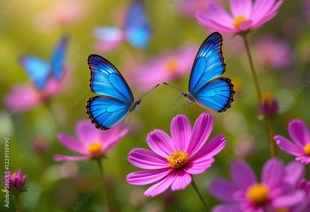 A close-up photo of a blue butterfly on a magenta Cosmos flower