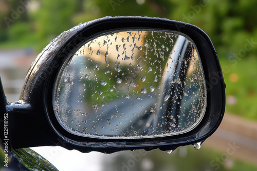 car side mirror covered in water droplets, reflecting greenery and light. image captures serene moment of nature interacting with vehicle