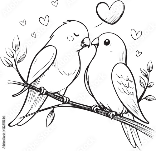 Two Lovebirds Birds in Love Sketch Drawing Linear Line Art Engraving Black and White Vector Illustration Isolated on White Background 