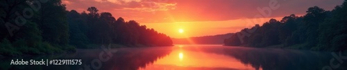 Sunset over the forest with a serene river scene, trees, reflection