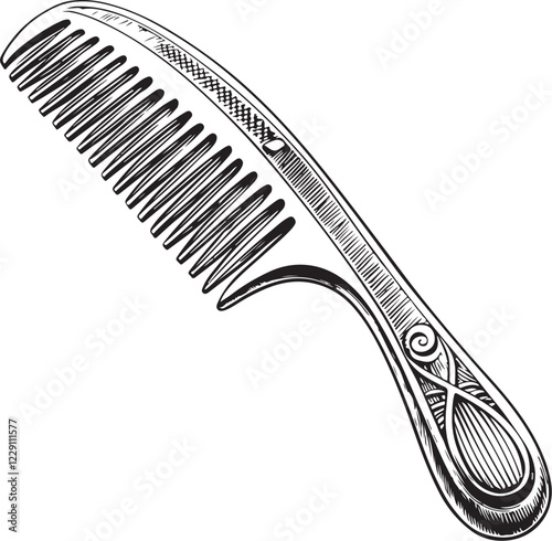 Hair Comb Sketch Drawing Linear Line Art Engraving Black and White Vector Illustration Isolated on White Background 