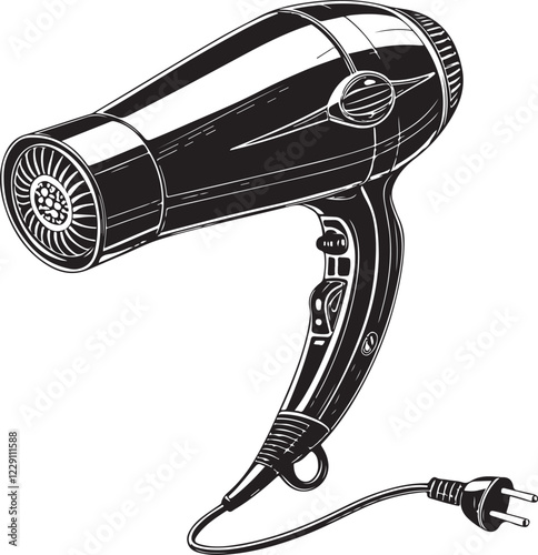 Hair Drier Hairdresser Sketch Drawing Linear Line Art Engraving Black and White Vector Illustration Isolated on White Background 