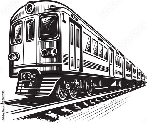 Train Railway Tracks Transport Sketch Drawing Linear Line Art Engraving Black and White Vector Illustration Isolated on White Background 