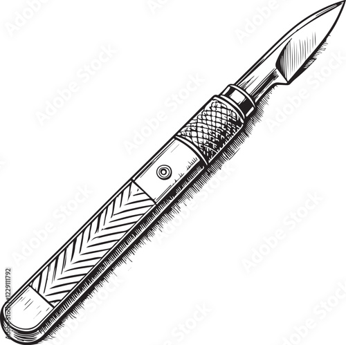 Scalpel Surgical Instrument Surgeon Surgery Sketch Drawing Linear Line Art Engraving Black and White Vector Illustration Isolated on White Background 