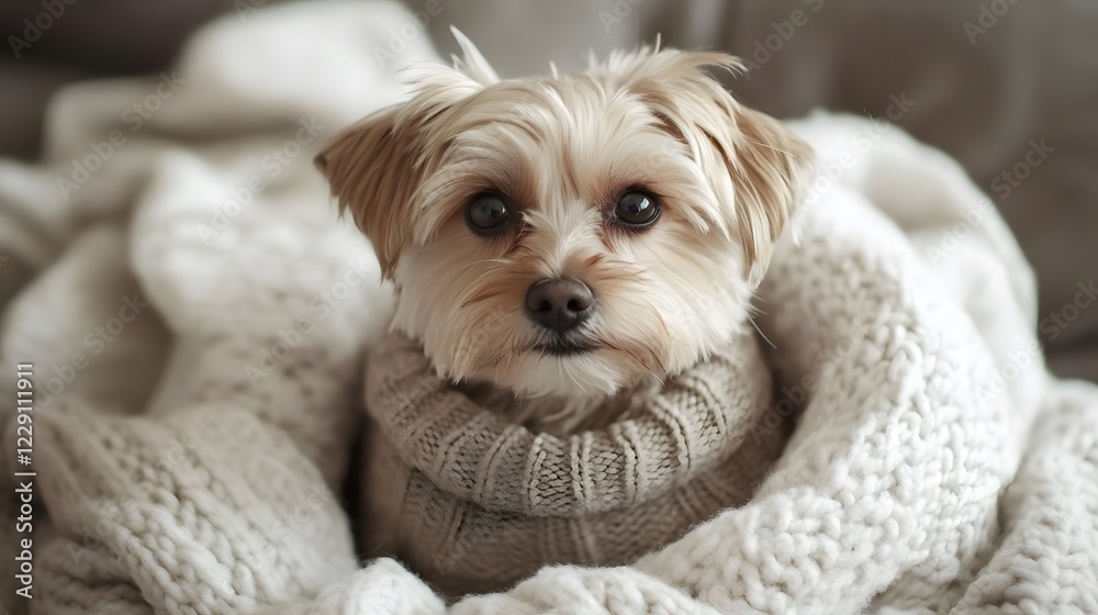 A small dog wearing a sweater, sitting on a soft white blanket A small dog wearing a sweater, sitting on a soft white blanket