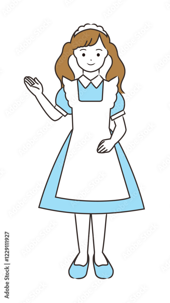 イラスト素材: イラスト素材:手を上げ案内するメイド風店員さん_全身 イラスト素材: イラスト素材:手を上げ案内するメイド風店員さん_全身