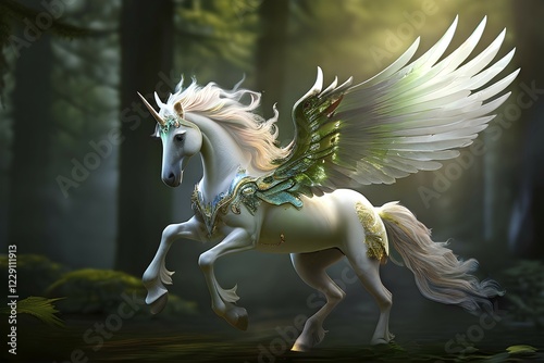 AI generated illustration of mythological creature design envisioning a unicorn pegasus hybrid photo