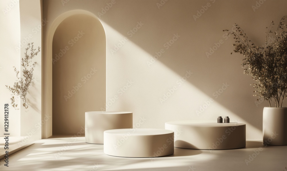 Minimalist interior design featuring beige circular tables and elegant vases with plants, soft natural light creating serene atmosphere Minimalist interior design featuring beige circular tables and elegant vases with plants, soft natural light creating serene atmosphere