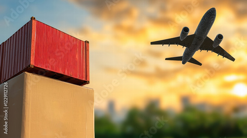 A cargo container and an airplane in the sky during sunset. This image symbolizes global trade and logistics in modern transportation.