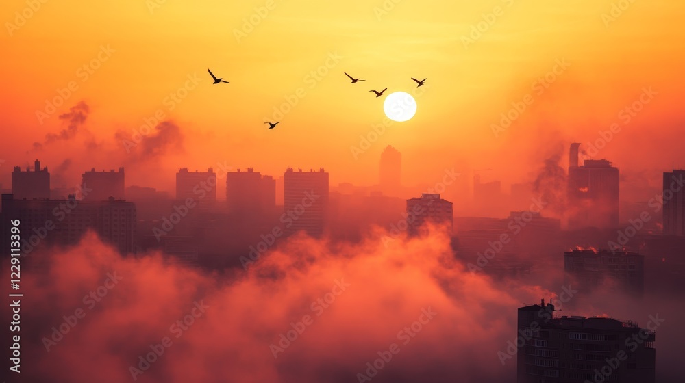 Fototapeta premium A stunning sunset view over an urban skyline, with birds gracefully flying against a warm golden sky, enveloped in soft fog and pastel clouds.
