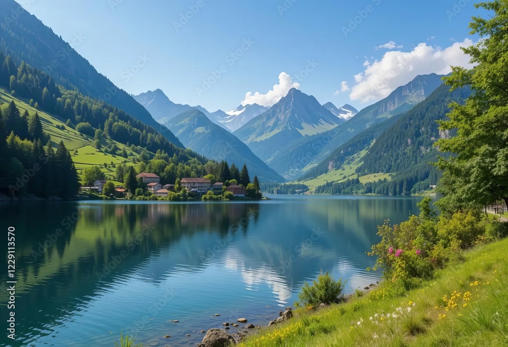 A serene landscape with a lake and alpine village in the background A serene landscape with a lake and alpine village in the background